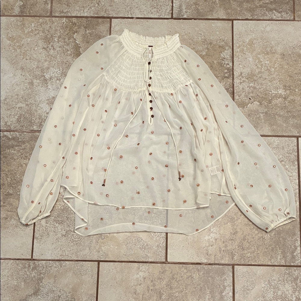 Free People Ivory Sheer Blouse with Copper Dot Embroidery